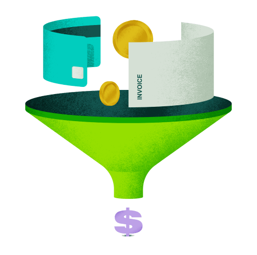 Funnel illustration with money and invoice