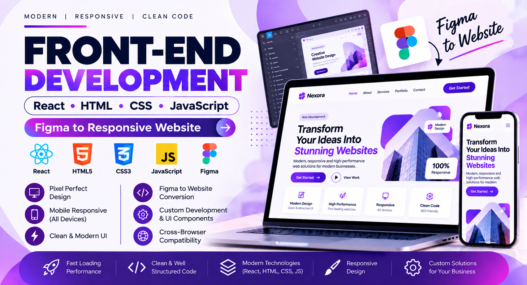 I will develop a responsive website using HTML CSS JavaScript and React