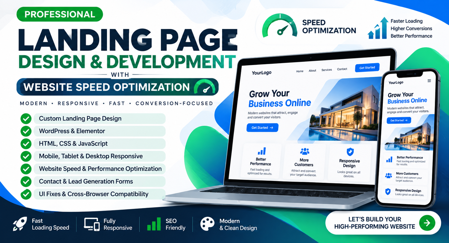 I will build a responsive landing page and optimize website speed